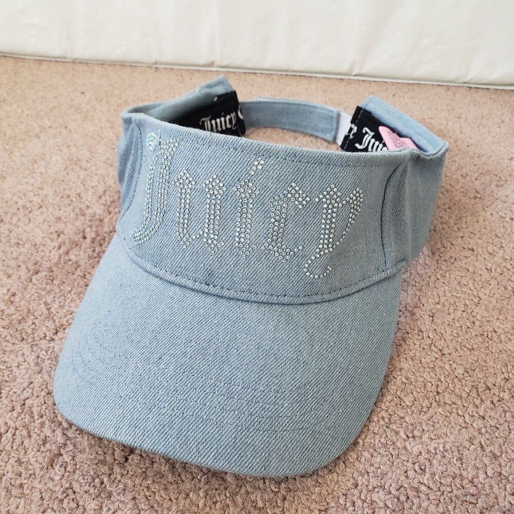 Juicy Couture Blue Denim Rhinestone Logo Sun Visor Hat One Size